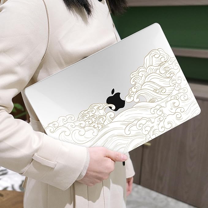 MEEgoodo for MacBook Air 13.3 inch Case 2021 2020 2019 2018 A2337 M1 A2179 A1932, Laptop Shell with Keyboard Webcam Cover & Trackpad Film & Type C Adapter for MacBook Air M1, Hand Drawn Wave