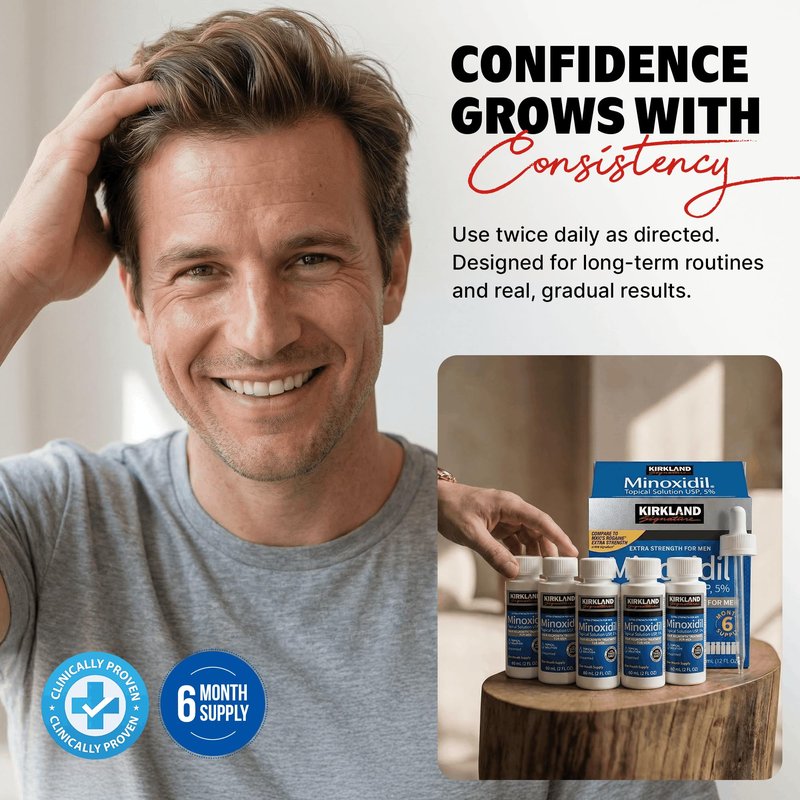 Kirkland Signature Minoxidil 5% Topical Solution for Men - 6 Month Supply (6 x 2 Fl Oz), Hair Regrowth Treatment with Dropper
