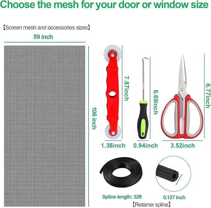 QWR Pet Proof Window Screens and Screen Door Replacement Kit, 59"x106" Durable High Hardness Vinyl Coated Polyester-Screen Repair Kit for Sliding Door,Patio and Windows.(Folded Package with Tool Kit)