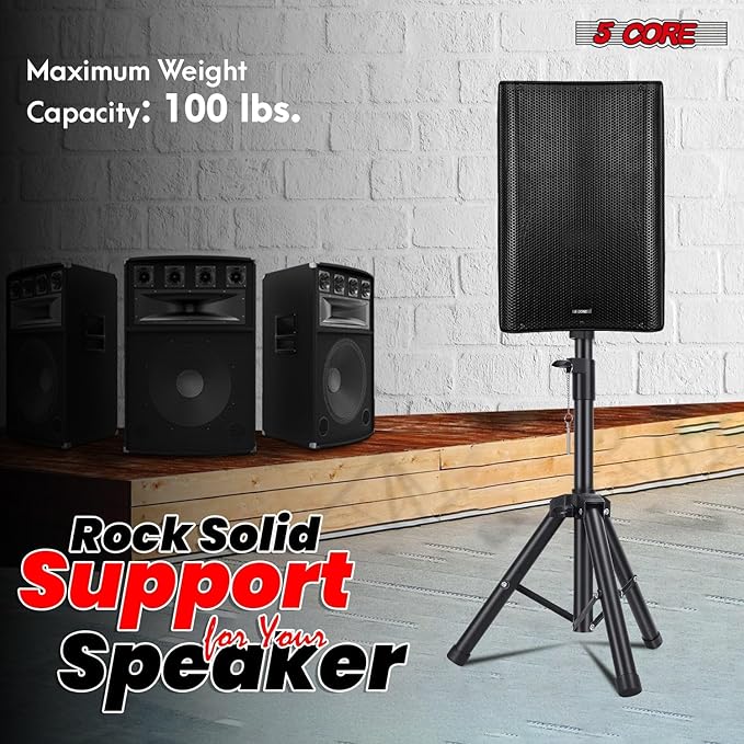 5 Core Speaker Stand Universal Mount Steel Alloy Construction 132 Lbs Capcity Stable Tripod w/Adjustable Height 36” w 35mm Compatible Insert Metal Safety Pin Black