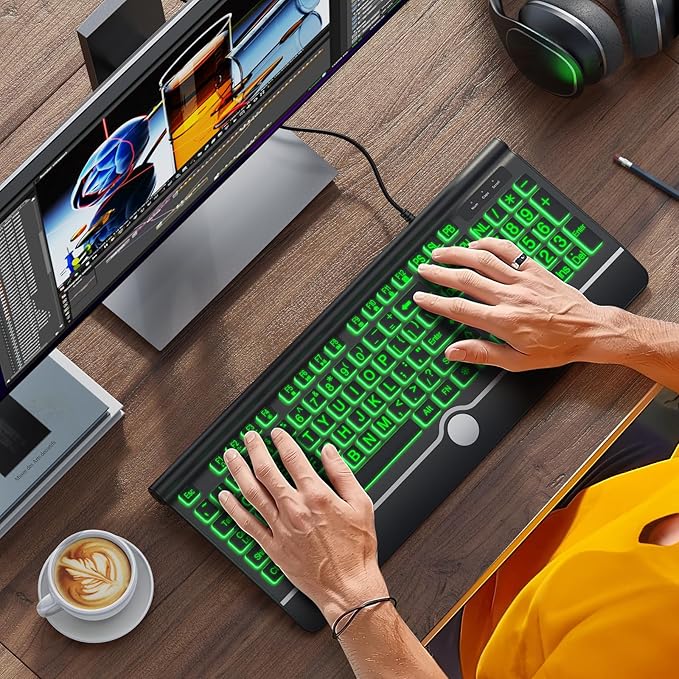 KOPJIPPOM USB Wired Keyboard with Large Print Backlit Keys, 7 Color LED Backlight, Ergonomic Wrist Rest, Spill-Resistant Design, Full-Size Computer Keyboard with Number Pad for PC Desktop Laptop