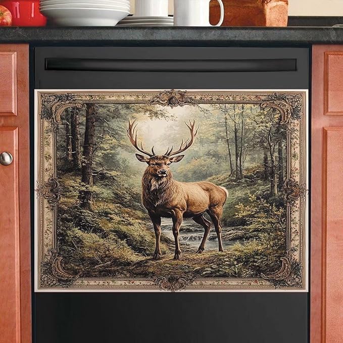 Kitchen Decor Deer Dishwasher Magnet Cover Decal, Vintage Forest Elk Magnetic Dishwasher Covers Decorative, Animal Dishwasher Skin (Magnetic) 23" W x 17" H
