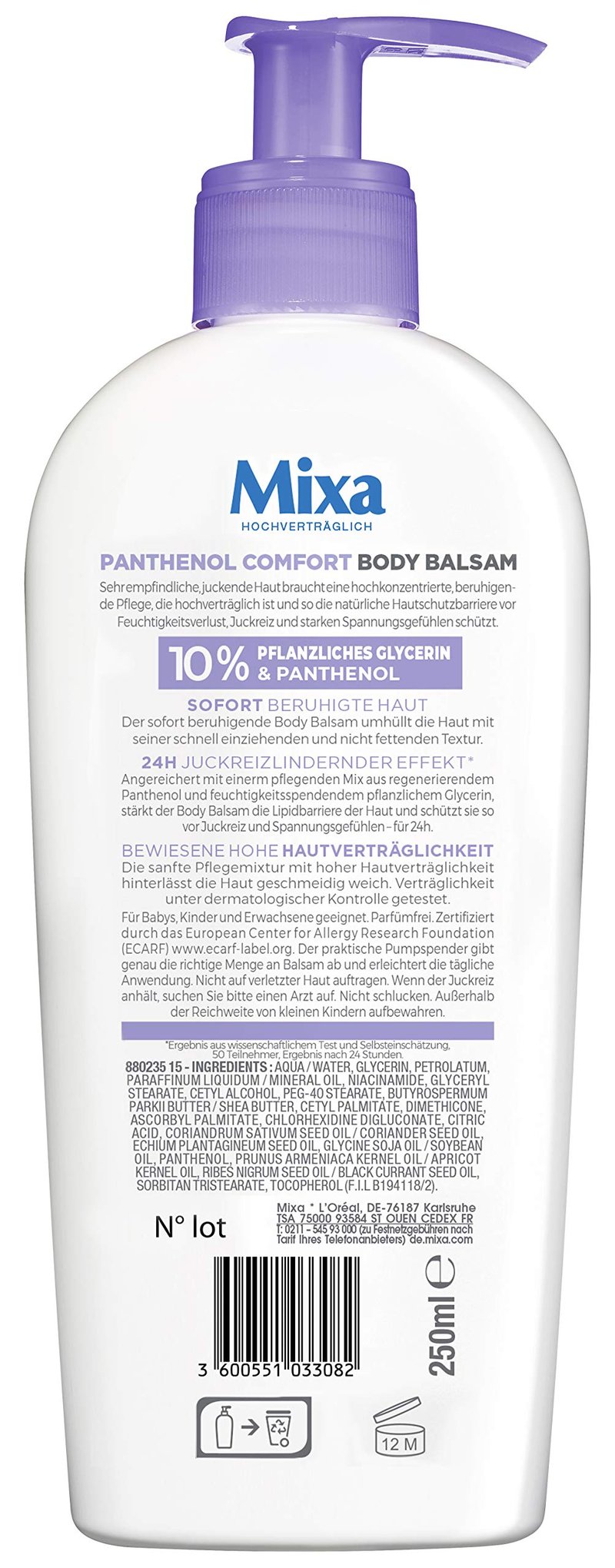 Mixa Panthenol Comfort Body Balm Itch Relief and Soothing Balm with Panthenol and Vegetable Glycerine for Sensitive Skin 250ml