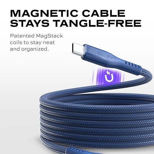 Statik MagStack Pro USB C to USB C Cable, Magnetic Type C Charger Fast Charging Cord, On The Go Magnetic Charging Cable for Car, Compatible with iPhone, iPad & Android, Navy 100W 3FT
