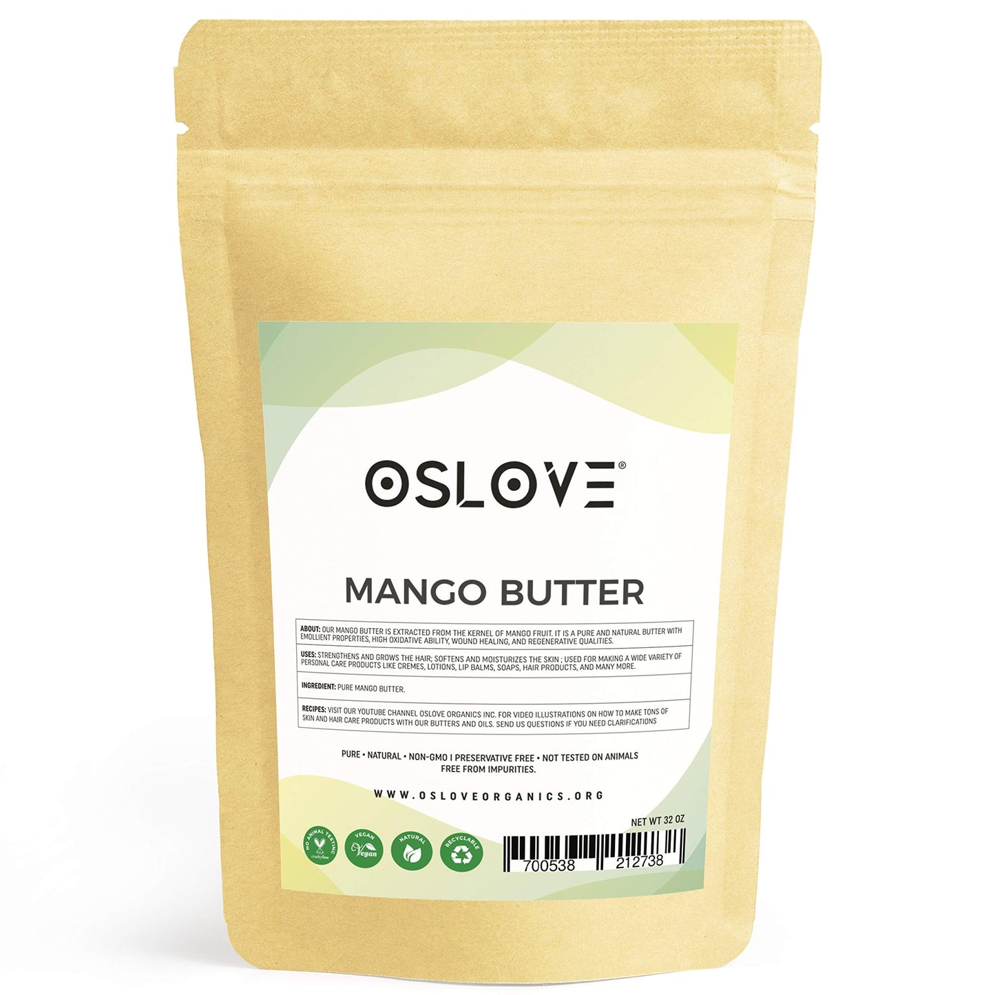 Oslove Organics Mango Butter 2 LB Pure, Natural, Hand -packed, Fresh & Fluffy in DIY mixes | Obtained from Mango seeds | Use for DIY leave in conditioner, Salves, Body Butter, Lotions & Soaps