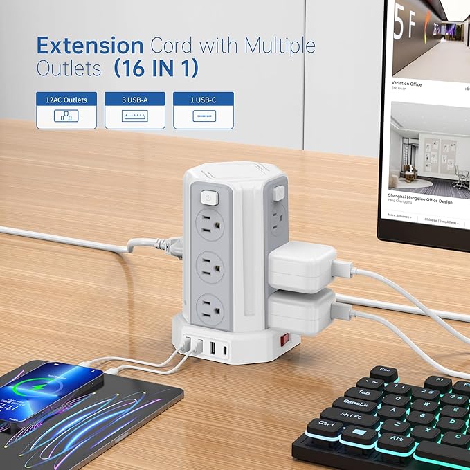 Power Strip Surge Protector, 16.4 Ft Extension Cord with 12 AC Multiple Outlets 4 USB (1 USB C), SMALLRT Power Tower Desktop Charging Station