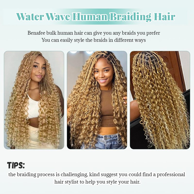 Honey Blonde Highlight Human Braiding Hair for Boho Braids Water Wave Bulk Human Hair for Braiding Ombre Color No Weft 2 Bundles 100G Wet And Wavy Twist Hair Braiding 16 Inch