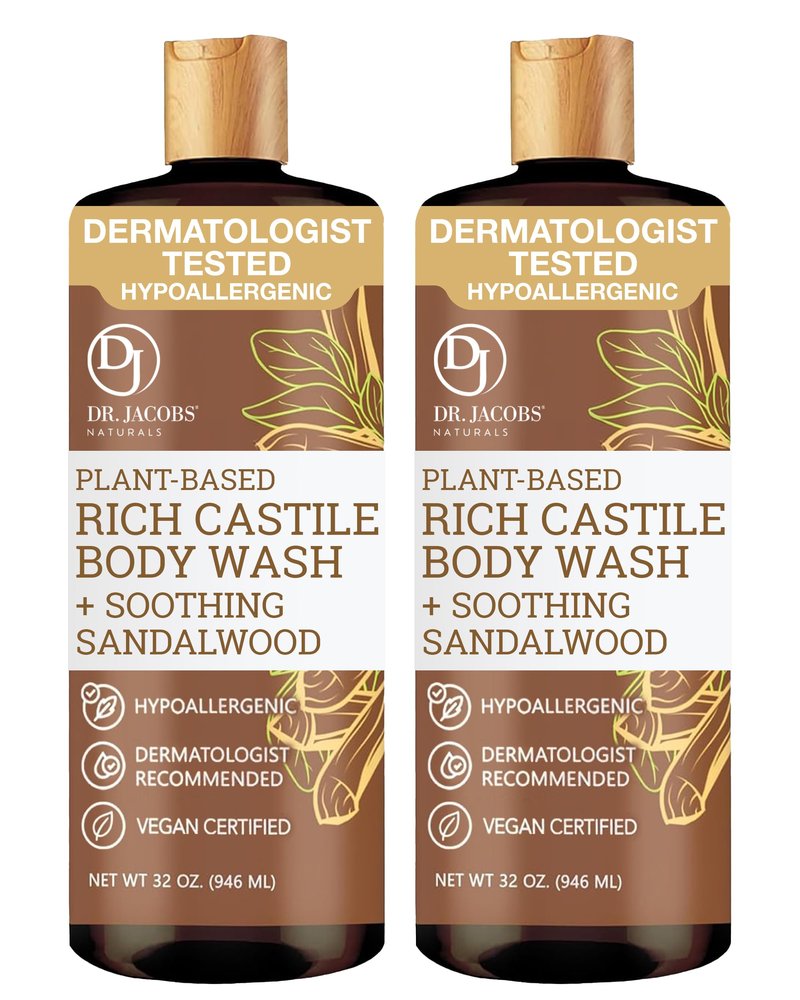Dr. Jacobs Naturals Pure Castile Soap Liquid Body Wash, Sandalwood - Plant Based Soap Infused with Vitamin E and Aloe Vera to Moisturize Dry and Sensitive Skin - Made in the USA - 32 oz, Pack of 2