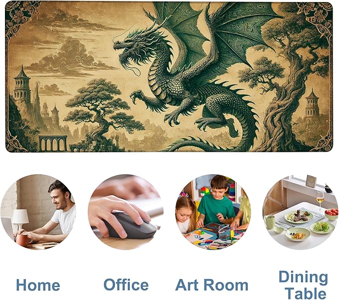 NITAHHHY Vintage-Style Dragon Gaming Mouse Pad 3mm Thick Stitched Edge Waterproof Non-Slip Large Computer Keyboard Mouse Mat,Suitable for Office Entertainment Decorative Desk Pad 35.4 x 15.7 Inches