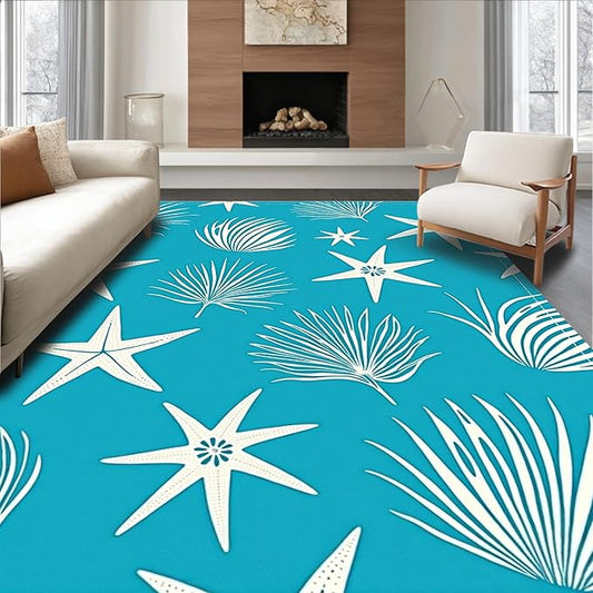 Flatwoven High Traffic Area Rug 4x6, Starfish and Conch Drift with Lighthouse Accents, Non Slip, Stain Resistant, Washable Area Rugs for Living Room, Bedroom (Blue, 4x6)