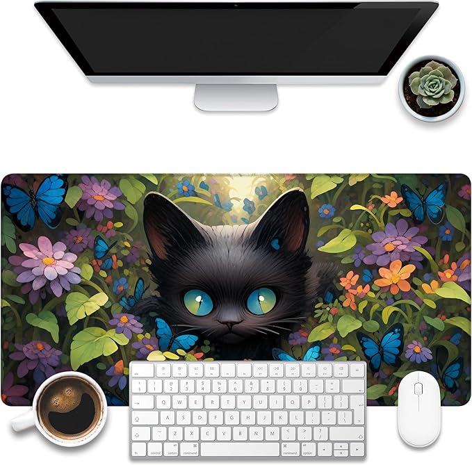 KOAIWPAE Desk Pad, Cute Black Cat Desk Mat, Cat Among Butterfly Flowers Large Gaming Mouse Pad for Desk, 31.5"x15.7" Extended Big Computer Keyboard Mouse Pad with Non-Slip Base and Stitched Edge