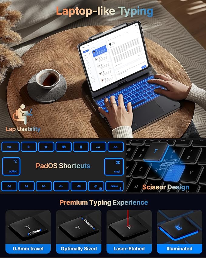 typecase Touch Case with Keyboard for iPad Pro 13"(M5/M4, 2025/2024), iPad Air 13"(M4/M3/M2, 2026/2025/2024) & iPad Pro 12.9", Trackpad, 360° Rotatable, 11-Colors Backlit, Midnight Gray