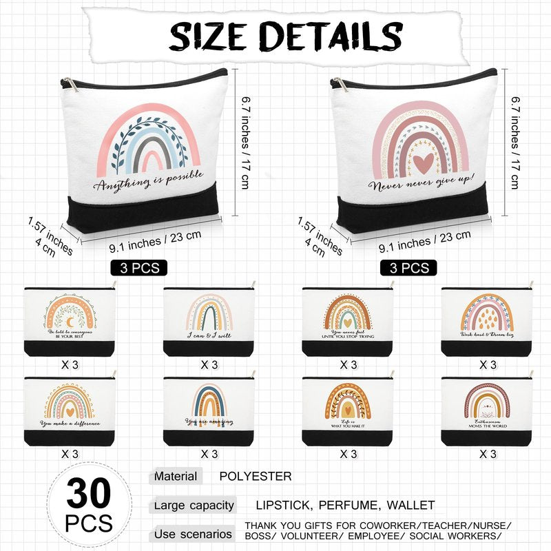Sieral 30 Pcs Graduation Gifts Bulk CNA week Gifts Rainbow Canvas Makeup Bags for Women Appreciation Inspirational Cosmetic Bags Thank You Gift for Employee Coworker Office Must Have(Motivational)