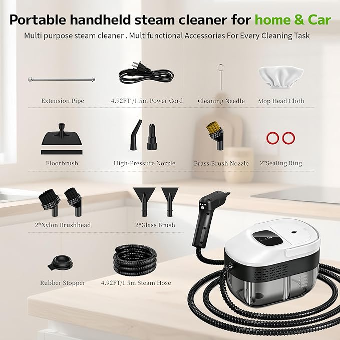 Pressurized Handheld Steam Cleaner 2500W, 54oz Large-Capacity Steamer with 3-Level Adjustable Steam, 15s Heat-Up & 15Pcs Accessories â for Car, Tile, Grout, Couch, Floor, Bed, Dirt, Furniture