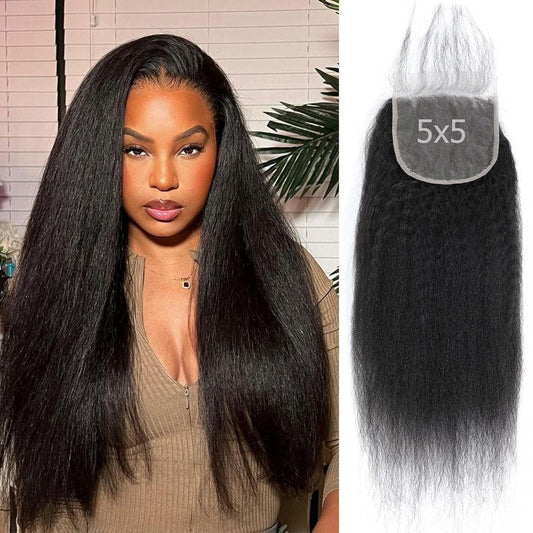 Kinky Straight Lace Closure - 5x5 HD Transparent Human Hair | Pre-Plucked Natural Black, 12 Inch