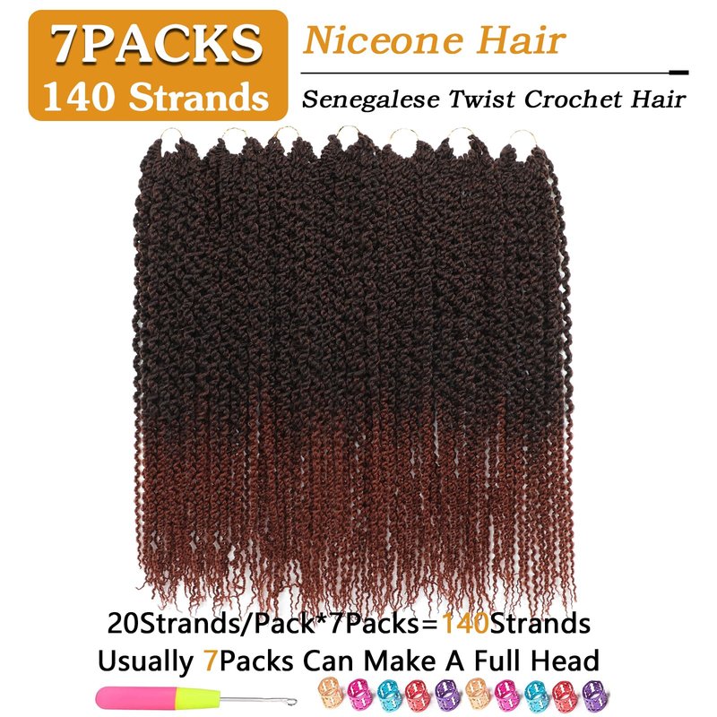 Curly Senegalese Twist Crochet Hair Pre-looped 7 Packs Small Twist Crochet Hair for Women 140 Strands Senegalese Twists Hair with Straight Ends Synthetic Crochet Braids(T350, 18 Inch)