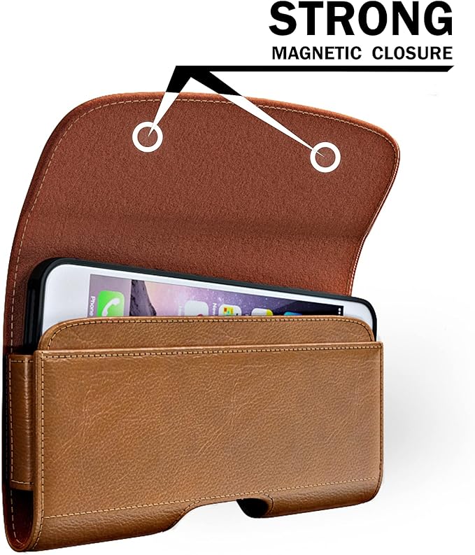 BOMEA Holster for iPhone 16 16e Pro 15 14 13 12 11 10 XR Xs X, Samsung Galaxy S25 S24 S23 5G - Cell Phone Belt Holder Case with Clip - ID Card Magnetic Pouch - Brown