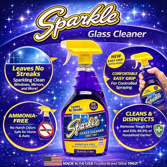 Sparkle Glass Cleaner Spray Bottle & 1 Gallon Refill, Ammonia-Free Original Formula, Streak-Free Shine, 33.8 fl oz + 128 fl oz (Pack of 3)