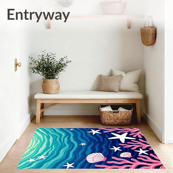 Flatwoven High Traffic Area Rug 8, Ocean Treasure Marine Life Bathroom Contour Ensemble, Non Slip, Stain Resistant, Washable Area Rugs for Living Room, Bedroom (Blue, 8)