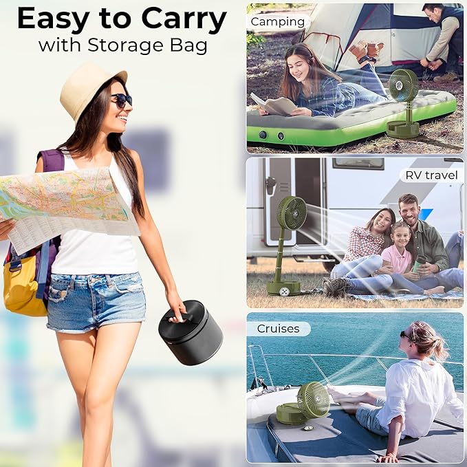 Portable Travel Fan, Foldable Standing Fan for Bedroom, 112H Run & 9 Speeds, Rechargeable Fan With Timer & Remote, Collapsible Oscillating Fan for Travel Cruise Essential Home RV Outdoor Power Outage