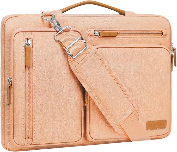 MOSISO 360 Protective Laptop Shoulder Bag,13-13.3 inch Computer Bag Compatible with MacBook Pro 14, HP, Dell, Lenovo, Asus Notebook,Side Open Messenger Bag with 4 Zipper Pockets&Handle, Pastel Orange
