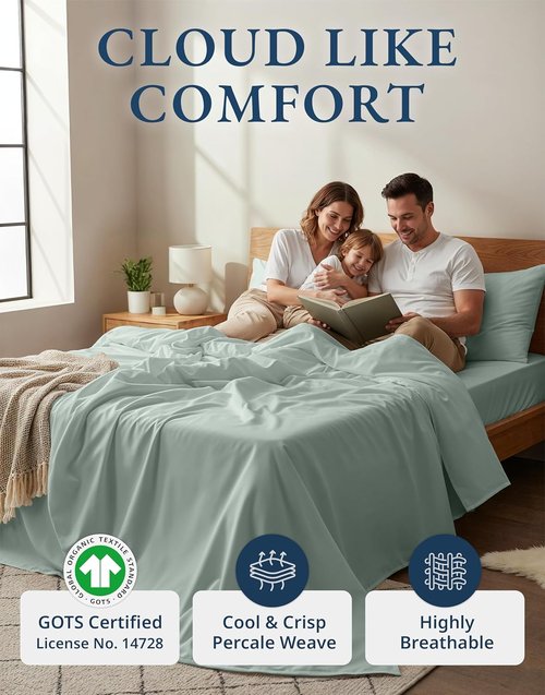 **LANE LINEN 100% Organic Cotton Twin XL Sheet Set - Extra Long, 15" Deep Pocket, Naturally Temperature Regulating - Cool Blue**