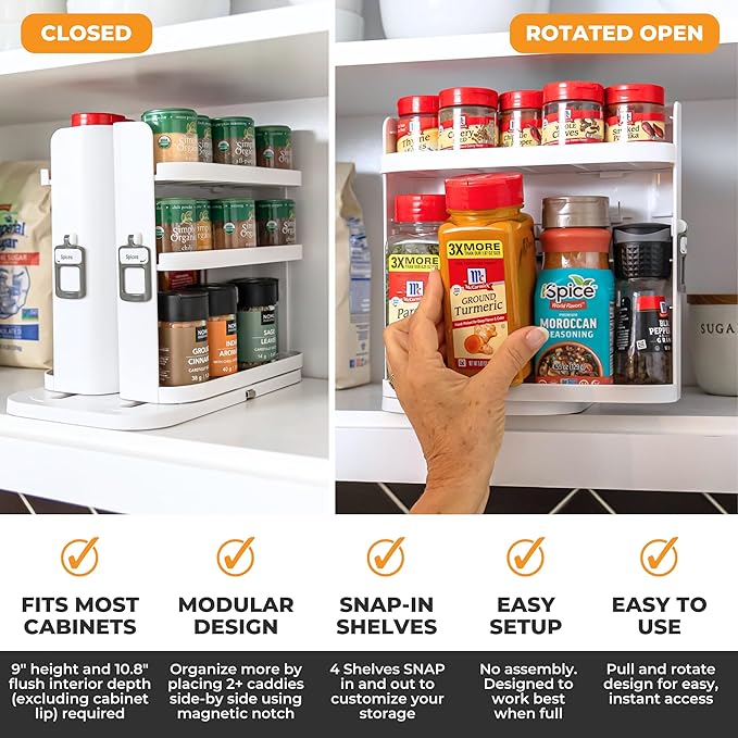 Cabinet Caddy SNAP! Spice Rack Organizer for Cabinet - Slide & Rotate Seasoning Organizer - 4 Snap-In Adjustable Shelves for 5 Tier of Storage - Magnetic Modular Design - 8.9âH x 6.1âW x 10.8âD