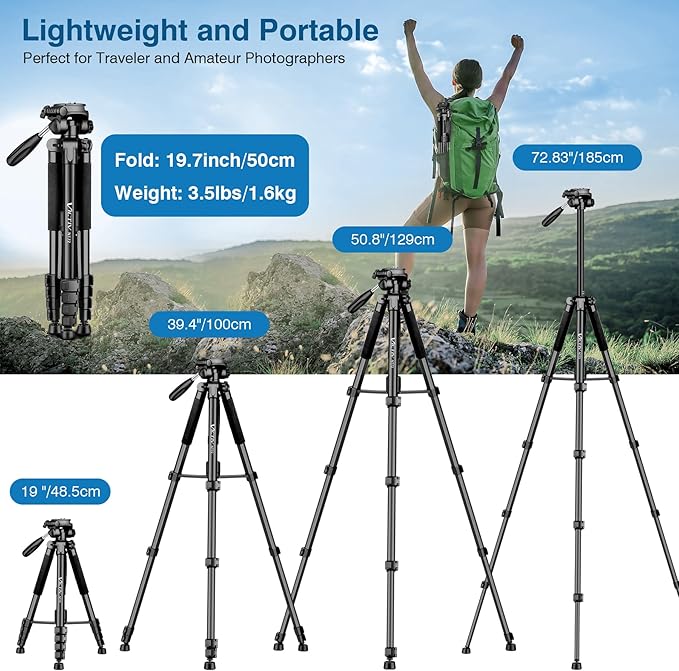 Tripod for Camera and Phone, 72" Tall Camera Tripod Monopod with Remote, Professional Heavy Duty Compact Camera Stand for iPhone, DSLR, Spotting Scope, Telescope, Binocular
