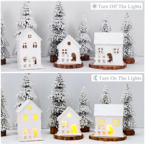 Cabilock Christmas Village Houses Set - 3PCS White Wood Snowflake Ornaments with LED Lights | DIY Winter Decor