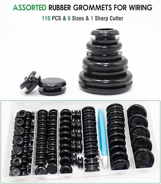 EASYEAH 110 Pcs Rubber Grommets Kit - Rubber Plugs for Holes Assorted 6 Sizes 5/16 3/8 1/2 5/8 7/8 1 Inch, Waterproof Firewall Automotive Wires Cables Grommets Set for Sheet Metal Electric Box Desk