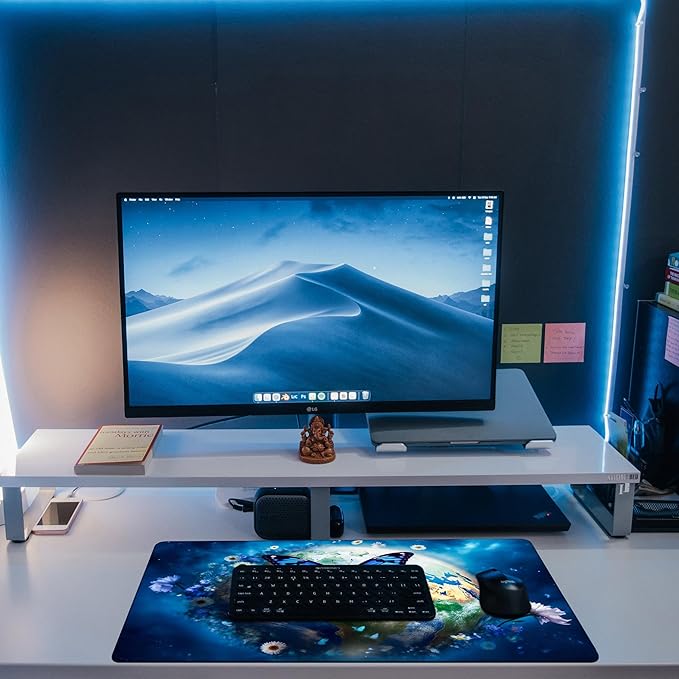 KOAIWPAE Desk Mat, Earth Surrounded by Flowers Desk Pad, Blue Butterfly Large Gaming Mouse Pad, 31.5"x15.7", Extended Big Computer Keyboard Mouse Pad with Non-Slip Base and Stitched Edge