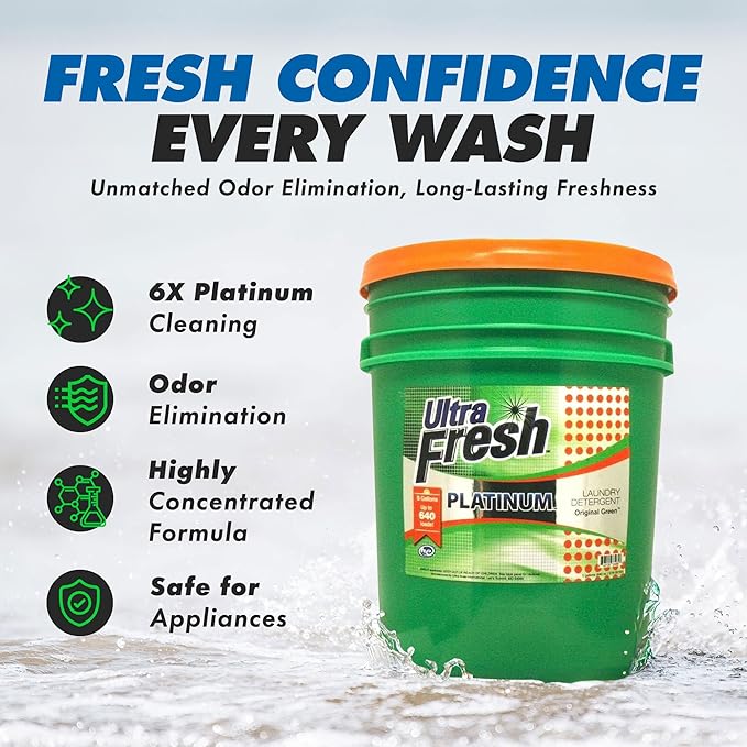 Ultra Fresh 3X Platinum 5 Gallon Laundry Detergent Liquid for All Machine Types with Easy Dispensing Pump, Up to 640 Loads, Original Green (2 Pack)