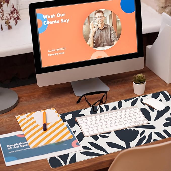 Eflxamz Desk Pad, Hand Drawn Leaves and Flowers Desk Mat, Abstract Plant Large Gaming Mouse Pad with Non-Slip Base and Stitched Edge, 31.5"x11.8"