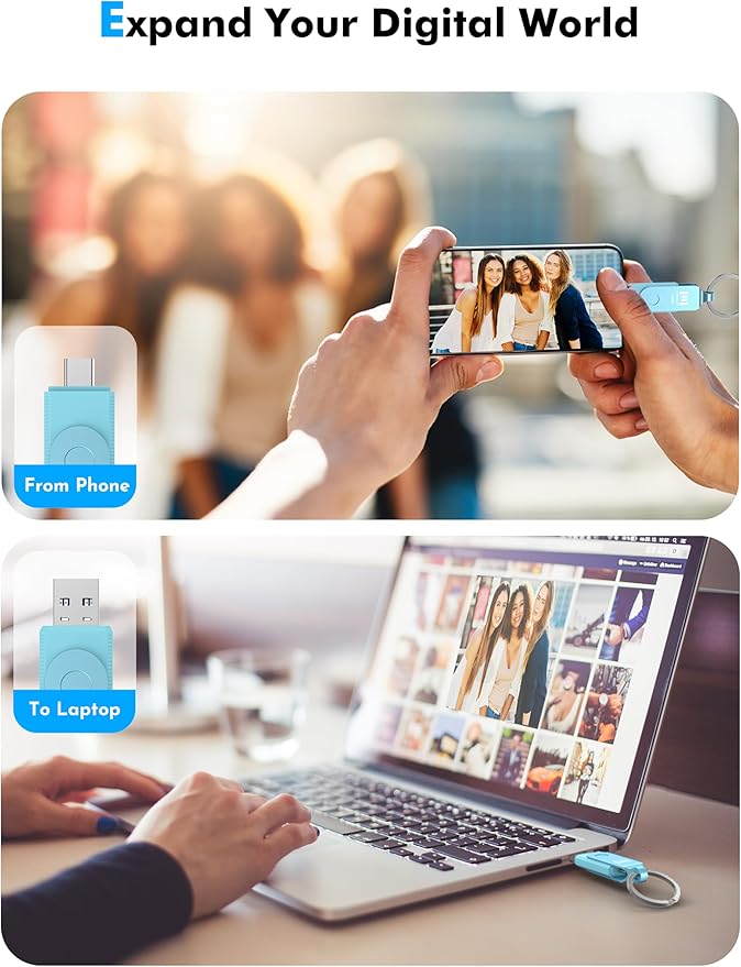MOSDART 512GB USB C 3.2 Fast Speed C and A Dual Flash Drive, exFAT Memory Stick with Keychain and LED Indicator, for iPhone 15,16,17, Android Phone, iPad, MacBook, and Other Laptops, Sky Blue