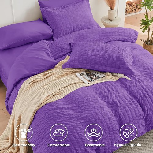 HYMOKEGE Comforter Set - Luxury 7-Piece Bedding Set in Bright Purple | All-Season Seersucker Design