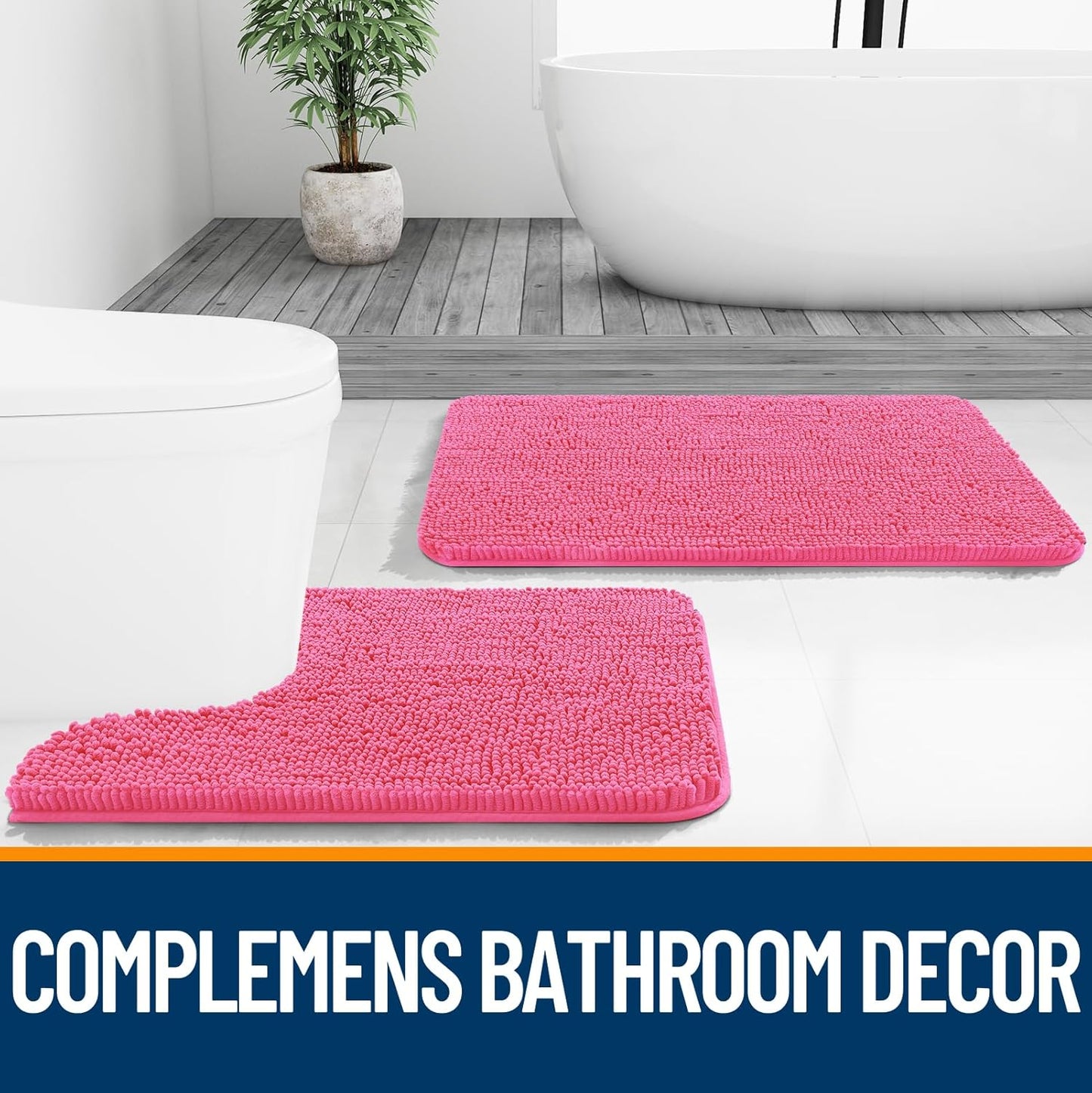 OLANLY Bathroom Runner Rugs - Soft Absorbent Chenille with Rubber Backing | 47x17 Inches, Hot Pink