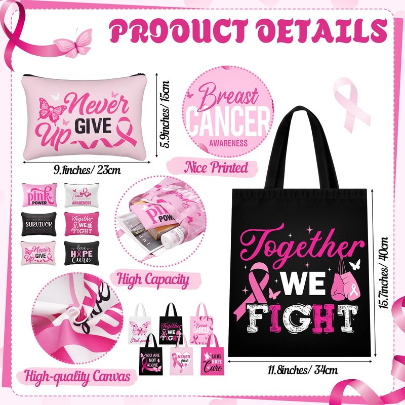 Blosssound 12 Pcs Gift for Women Canvas Tote Bag Cosmetic Makeup Bag(Breast Cancer)