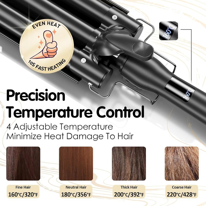 3 Barrel Beach Wave Curling Iron - 1 Inch Hair Crimper with Adjustable Temperature & Quick Heat-Up | Foldable Design