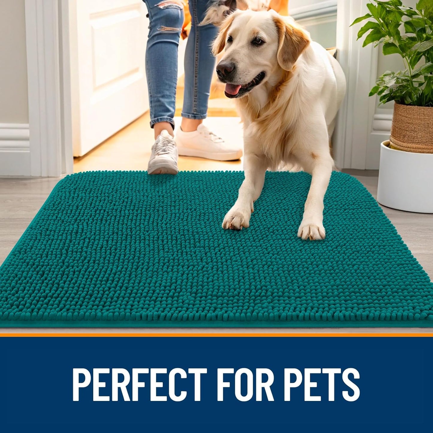 OLANLY Dog Door Mat - Absorbent Non-Slip Washable Chenille Mat for Muddy Paws | 47x20, Lake Blue
