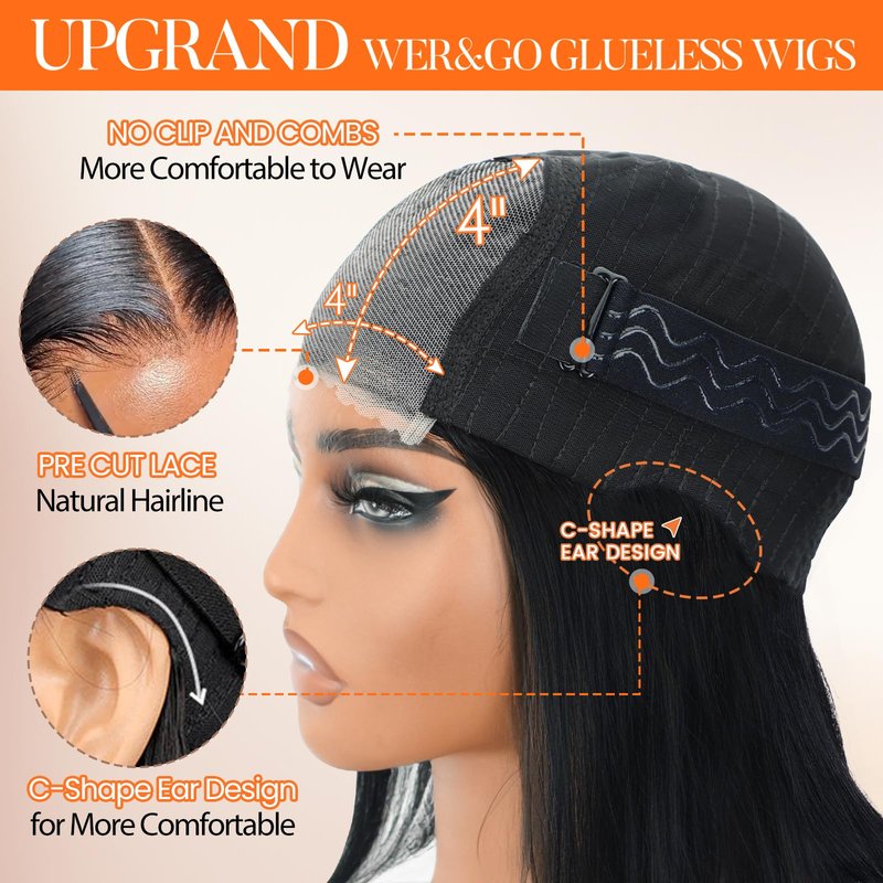 Bob Wig Human Hair Glueless Wigs Pre Plucked Pre Cut Bleached Invisible Knots 180% Density Short Straight Wigs for Black Women Bob Wigs Glueless Lace Front Wigs Human Hair with Elastic Band 10 Inch