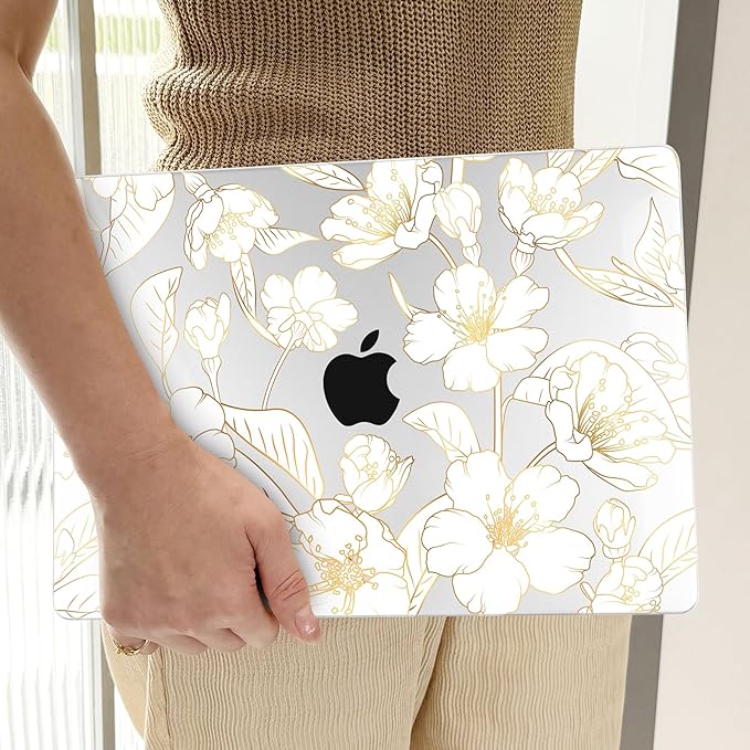TWOLSKOO for MacBook Air 15 inch Case 2025 2024 2023 Release M4 A3241 M3 A3114 M2 A2941, Plastic Hard Shell & Screen Protector & Keyboard Cover & Type C Adapter, Gold Cherry Blossom