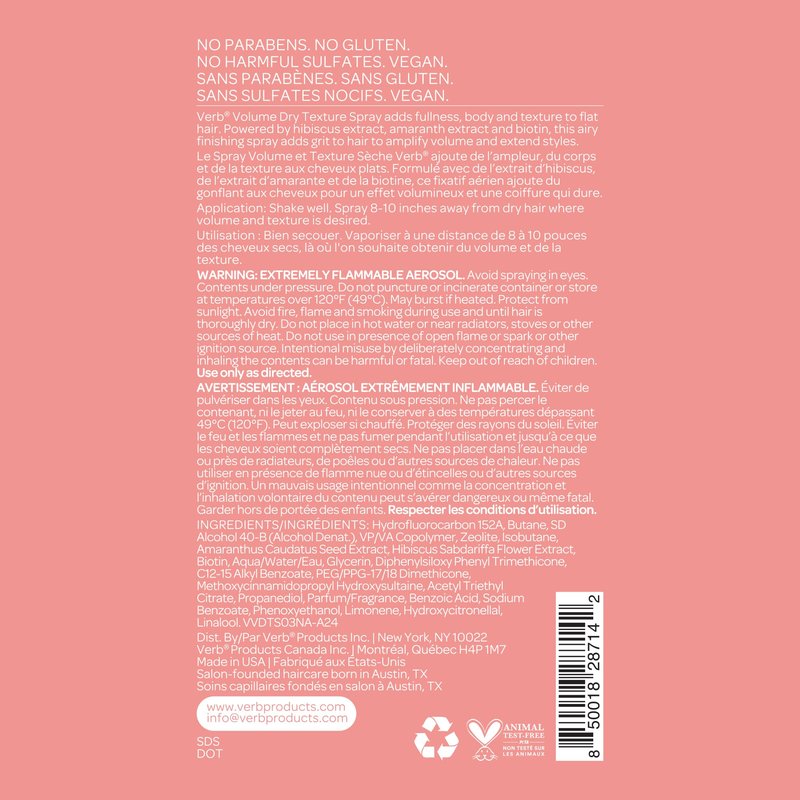 VERB Volume Dry Texture Spray, 5 oz- Boosts Volume, Adds Fullness & Weightless Grit -No Parabens, Gluten or Harmful Sulfates
