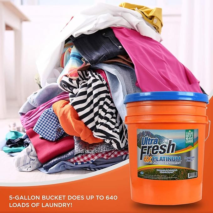 Ultra Fresh 6X Platinum 5 Gallon Laundry Detergent Liquid for All Machine Types with Easy Dispensing Pump, Up to 640 Loads, Mountain Fresh (5 Pack)