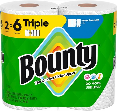 Bounty Select-A-Size Paper Towels - White, 2 Triple Rolls for Extra Absorbency | 6 Regular Rolls Equivalent