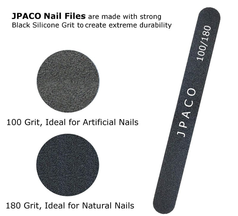 12-Pack Professional Nail Files: Double-Sided Emery Boards for Natural, Acrylic, Poly, and Gel Nails – Washable Black Manicure Tools Set by JPACO (100/180 Grit)