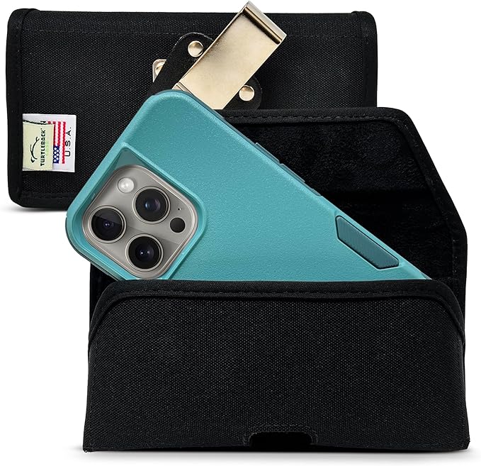 Turtleback Belt Clip for iPhone 16 Pro, 16e, 15 pro 14 Pro 13 Pro -Medium- Fits w/Shockproof Commuter Style Cases, Premium Black Nylon, Horizontal Belt Holder, Magnetic Closure HD Rotating Clip
