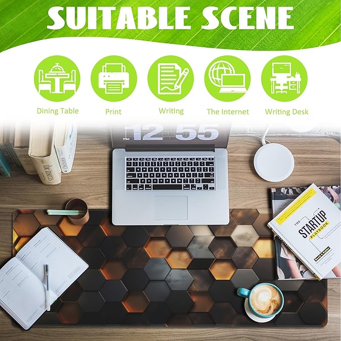 Eflxamz Desk Mat,Golden Honeycomb Technology Desk Pad,Honeycomb Technology Large Gaming Mouse Pad for Desk,Extended Big Computer Keyboard Mouse Pad with Non-Slip Base and Stitched Edge,31.5"x11.8"