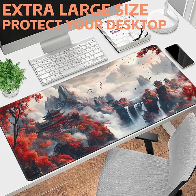 NIYLYNSYN Mouse Pad Large Chinese-Style Landscape Painting Non-Slip Gaming Desk Mat with Stitched Edge Laptop Keyboard Desk Pad for Work Home Gaming (35.4 x 15.7 Inches)