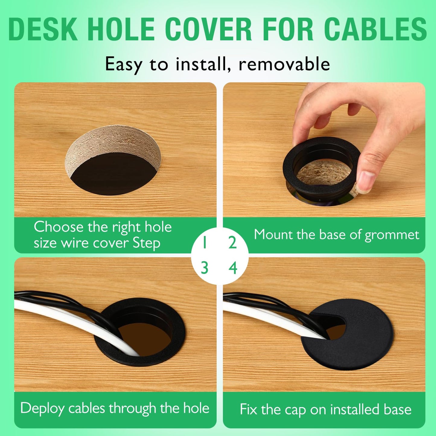 EASYEAH 2 Pcs Desk Grommet 1-1/2" / 38 mm, Desk Cord Hole Cover, Cable Grommet ABS Plastic, Desk Hole Grommet for Home & Office Pc, Detachable Cable Cord Organizer-White