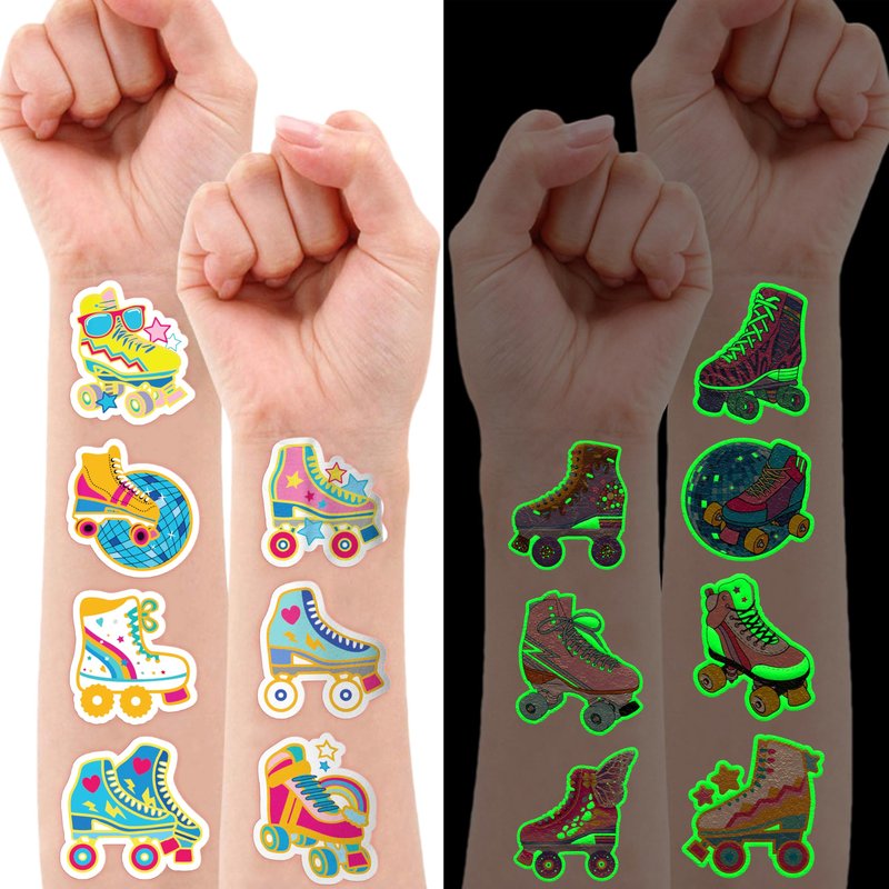 96 PCS Roller Skate Skating Pre-Cut Luminous Temporary Tattoos Themed Birthday Party Favors Decorations Supplies Decor Retro 80s 90s Disco Glow In The Dark Tattoo Stickers Gifts For Boys Girls Class